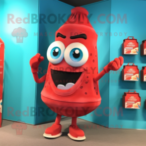 Turquoise Bottle Of Ketchup mascot costume character dressed with a Skinny Jeans and Handbags