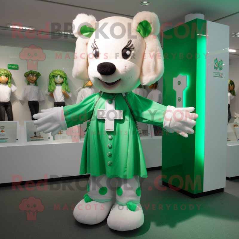 Green Celtic Cross mascot costume character dressed with a Poplin Shirt and Hair clips Green Celtic Cross mascot costume character dressed with a Poplin Shirt and Hair clips