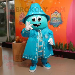 Turquoise Enchiladas mascot costume character dressed with a Raincoat and Lapel pins