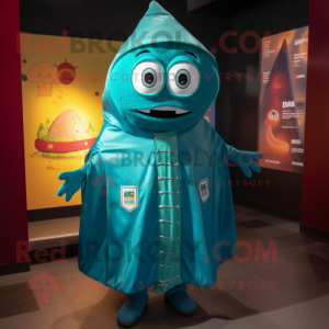 Turquoise Enchiladas mascot costume character dressed with a Raincoat and Lapel pins
