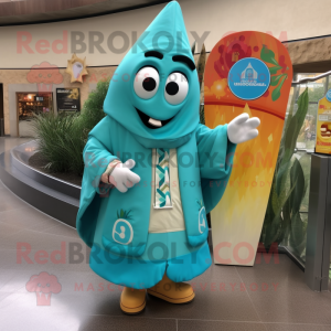 Turquoise Enchiladas mascot costume character dressed with a Raincoat and Lapel pins