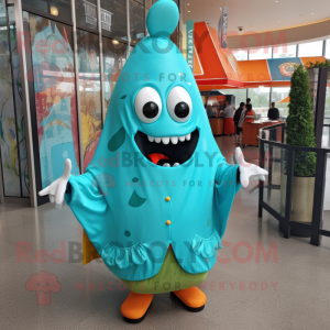 Turquoise Enchiladas mascot costume character dressed with a Raincoat and Lapel pins