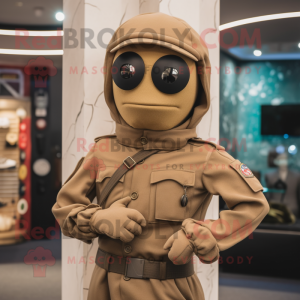 Tan Para Commando mascot costume character dressed with a Turtleneck and Tie pins