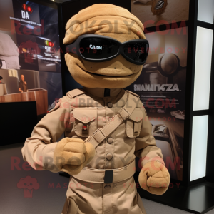 Tan Para Commando mascot costume character dressed with a Turtleneck and Tie pins