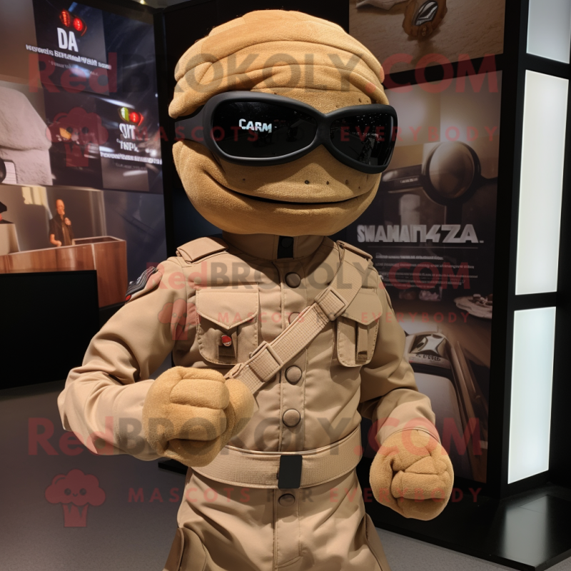 Tan Para Commando mascot costume character dressed with a Turtleneck and Tie pins