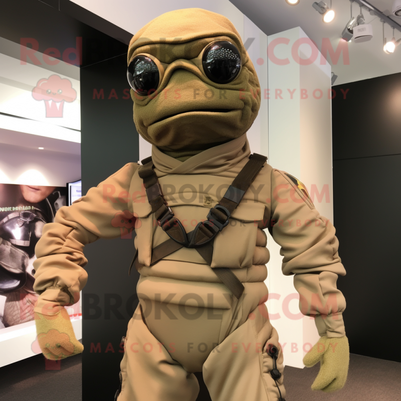 Tan Para Commando mascot costume character dressed with a Turtleneck and Tie pins