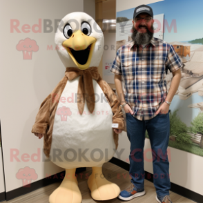 Beige Albatross mascot costume character dressed with a Flannel Shirt and Watches