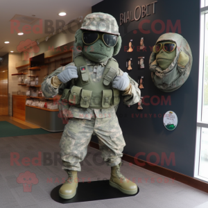 Silver Green Beret mascot costume character dressed with a Jacket and Shoe laces