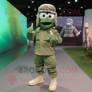 Silver Green Beret mascot costume character dressed with a Jacket and Shoe laces