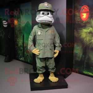 Silver Green Beret mascot costume character dressed with a Jacket and Shoe laces