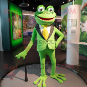 Lime Green Frog mascot costume character dressed with a Suit and Tie pins