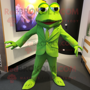 Lime Green Frog mascot costume character dressed with a Suit and Tie pins