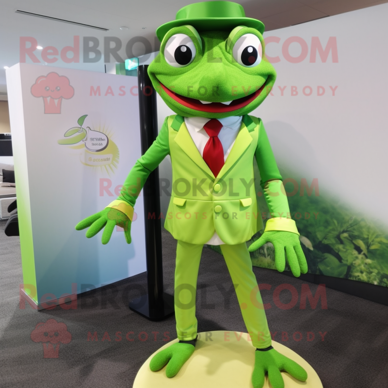 Lime Green Frog mascot costume character dressed with a Suit and Tie pins