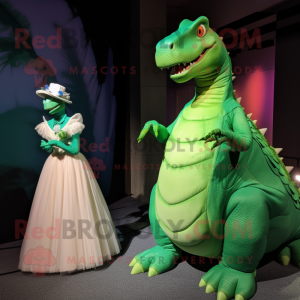 Green Iguanodon mascot costume character dressed with a Ball Gown and Ties