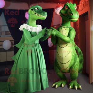 Green Iguanodon mascot costume character dressed with a Ball Gown and Ties