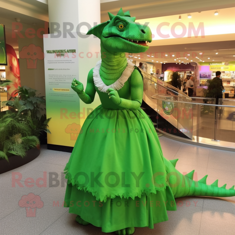 Green Iguanodon mascot costume character dressed with a Ball Gown and Ties