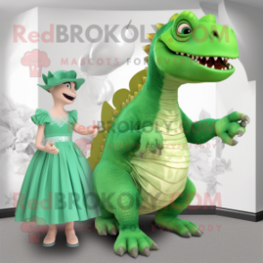 Green Iguanodon mascot costume character dressed with a Ball Gown and Ties