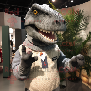 Gray Tyrannosaurus mascot costume character dressed with a Sweater and Brooches