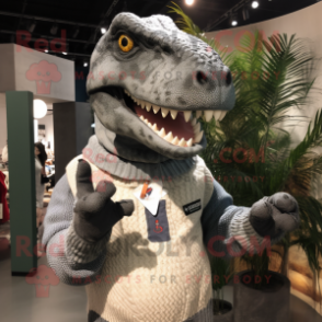Gray Tyrannosaurus mascot costume character dressed with a Sweater and Brooches