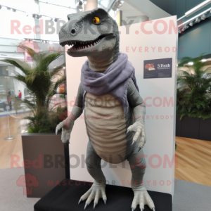 Gray Tyrannosaurus mascot costume character dressed with a Sweater and Brooches