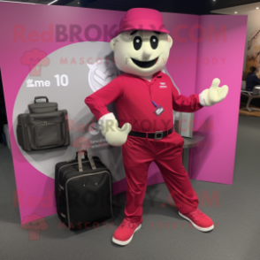 Magenta Wrist Watch mascot costume character dressed with a Oxford Shirt and Briefcases