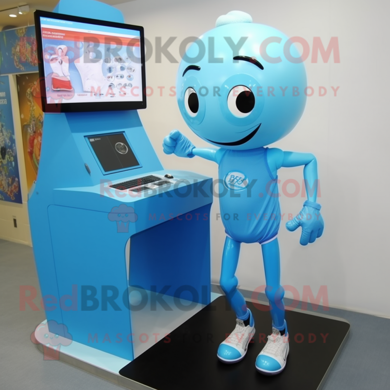 Sky Blue Computer mascot costume character dressed with a Running Shorts and Hairpins