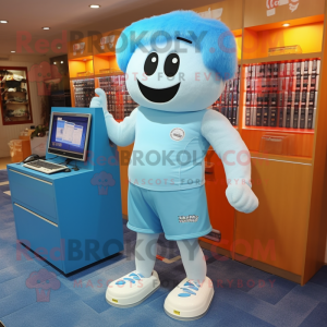 Sky Blue Computer mascot costume character dressed with a Running Shorts and Hairpins