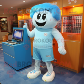 Sky Blue Computer mascot costume character dressed with a Running Shorts and Hairpins