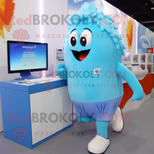 Sky Blue Computer mascot costume character dressed with a Running Shorts and Hairpins