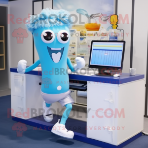 Sky Blue Computer mascot costume character dressed with a Running Shorts and Hairpins