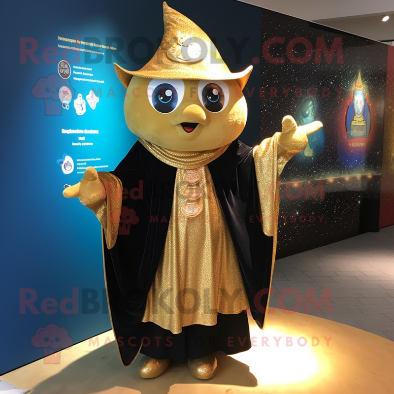 Gold Magician mascot costume character dressed with a Cardigan and Shawls