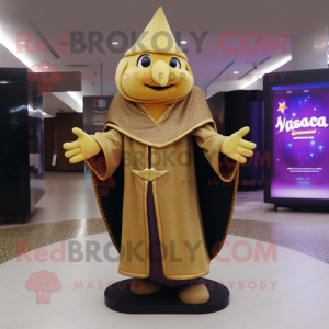 Gold Magician mascot costume character dressed with a Cardigan and Shawls