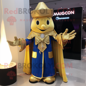 Gold Magician mascot costume character dressed with a Cardigan and Shawls