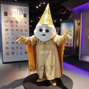 Gold Magician mascot costume character dressed with a Cardigan and Shawls