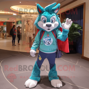 Turquoise Wolf mascot costume character dressed with a Flare Jeans and Messenger bags