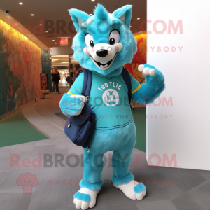 Turquoise Wolf mascot costume character dressed with a Flare Jeans and Messenger bags