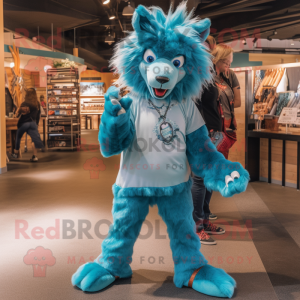 Turquoise Wolf mascot costume character dressed with a Flare Jeans and Messenger bags