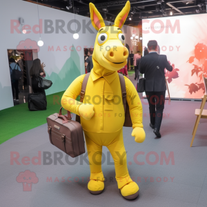 Yellow Donkey mascot costume character dressed with a Suit Pants and Backpacks