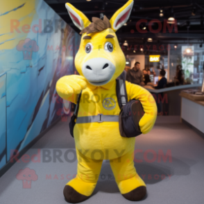 Yellow Donkey mascot costume character dressed with a Suit Pants and Backpacks