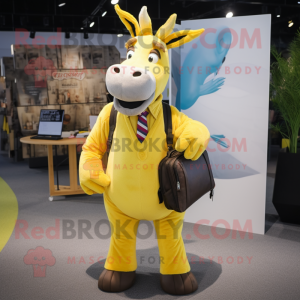 Yellow Donkey mascot costume character dressed with a Suit Pants and Backpacks