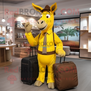 Yellow Donkey mascot costume character dressed with a Suit Pants and Backpacks