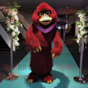 Maroon Orangutan mascot costume character dressed with a Evening Gown and Backpacks