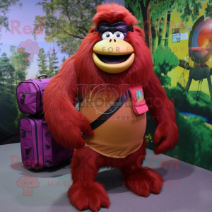 Maroon Orangutan mascot costume character dressed with a Evening Gown and Backpacks