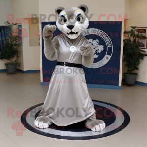 Silver Mountain Lion mascot costume character dressed with a Circle Skirt and Shoe clips