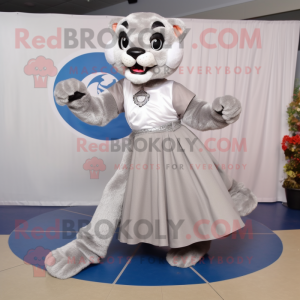 Silver Mountain Lion mascot costume character dressed with a Circle Skirt and Shoe clips