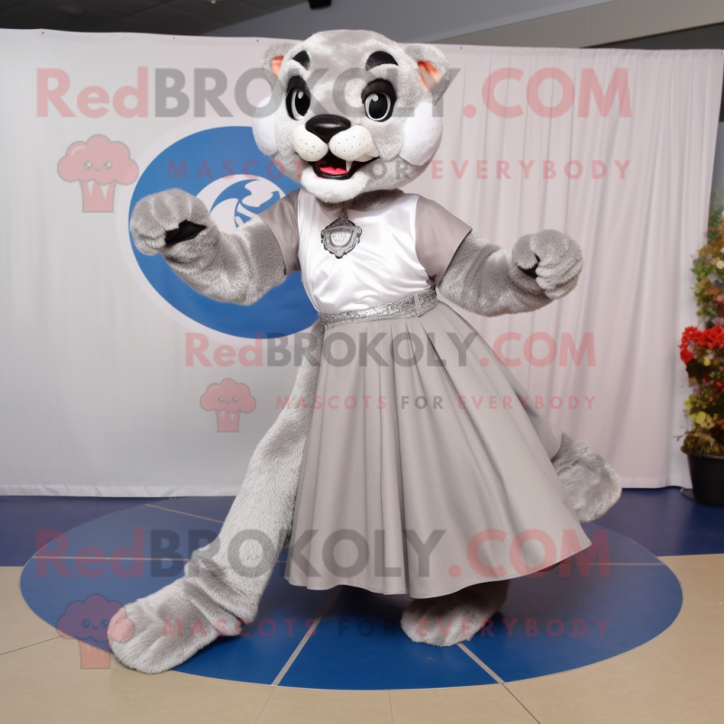 Silver Mountain Lion mascot costume character dressed with a Circle Skirt and Shoe clips
