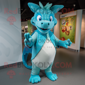 Cyan Dragon mascot costume character dressed with a Cover-up and Anklets