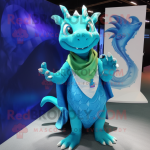 Cyan Dragon mascot costume character dressed with a Cover-up and Anklets