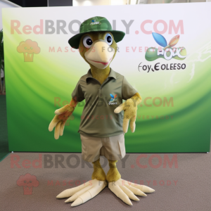 Olive Archeopteryx mascot costume character dressed with a Polo Tee and Hat pins