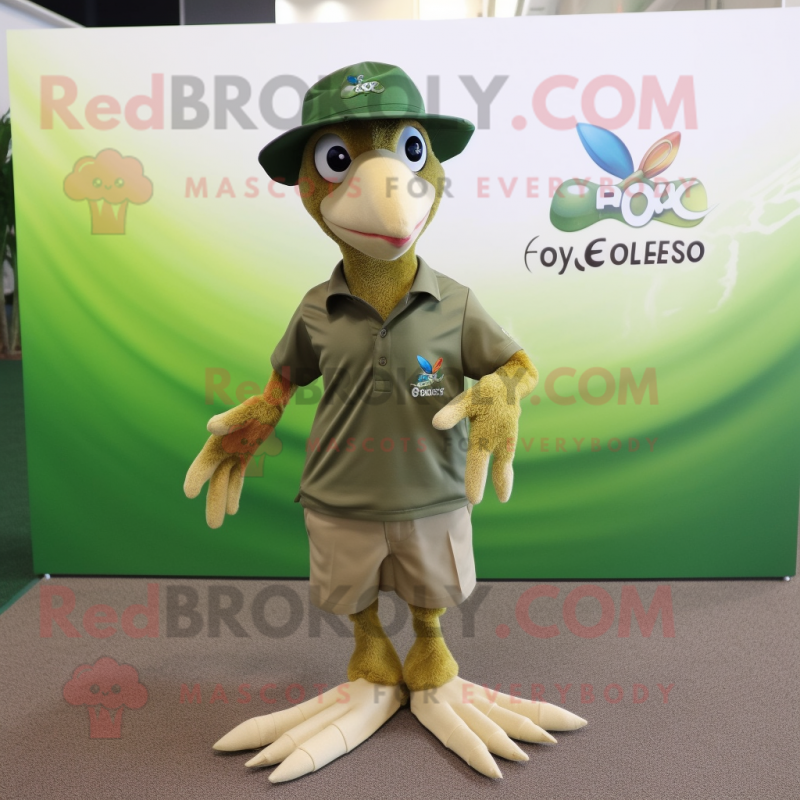 Olive Archeopteryx mascot costume character dressed with a Polo Tee and Hat pins Olive Archeopteryx mascot costume character dressed with a Polo Tee and Hat pins